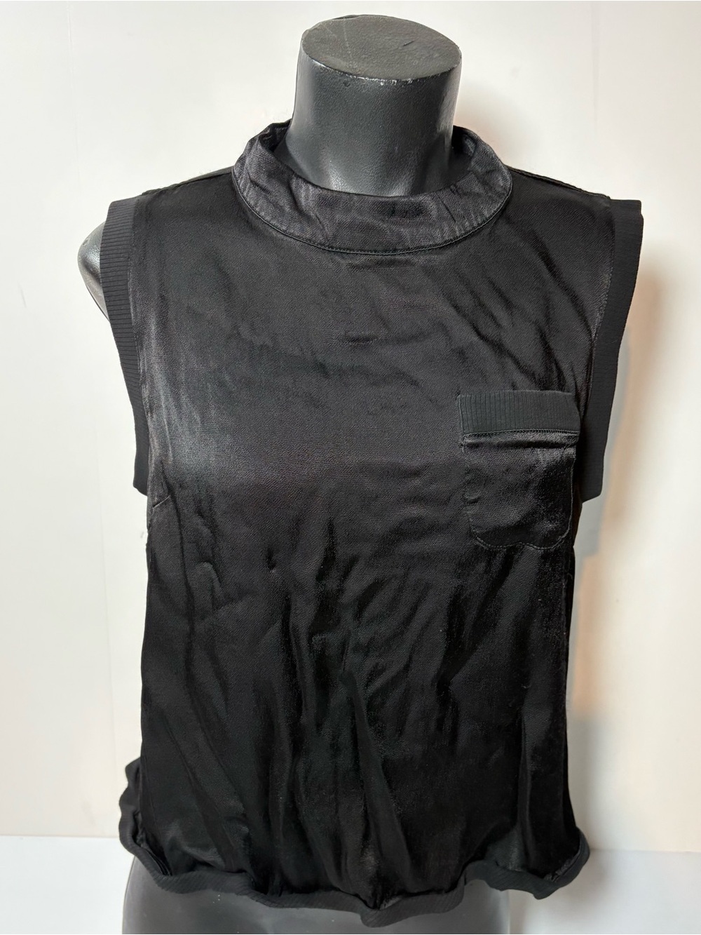 Fate Black Satin-Look Sleeveless Mock Neck Tank -Viscose